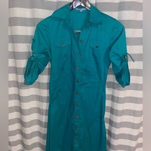 ANTONIO MELANI Teal Midi shirt Dress size 4 with gold details like new